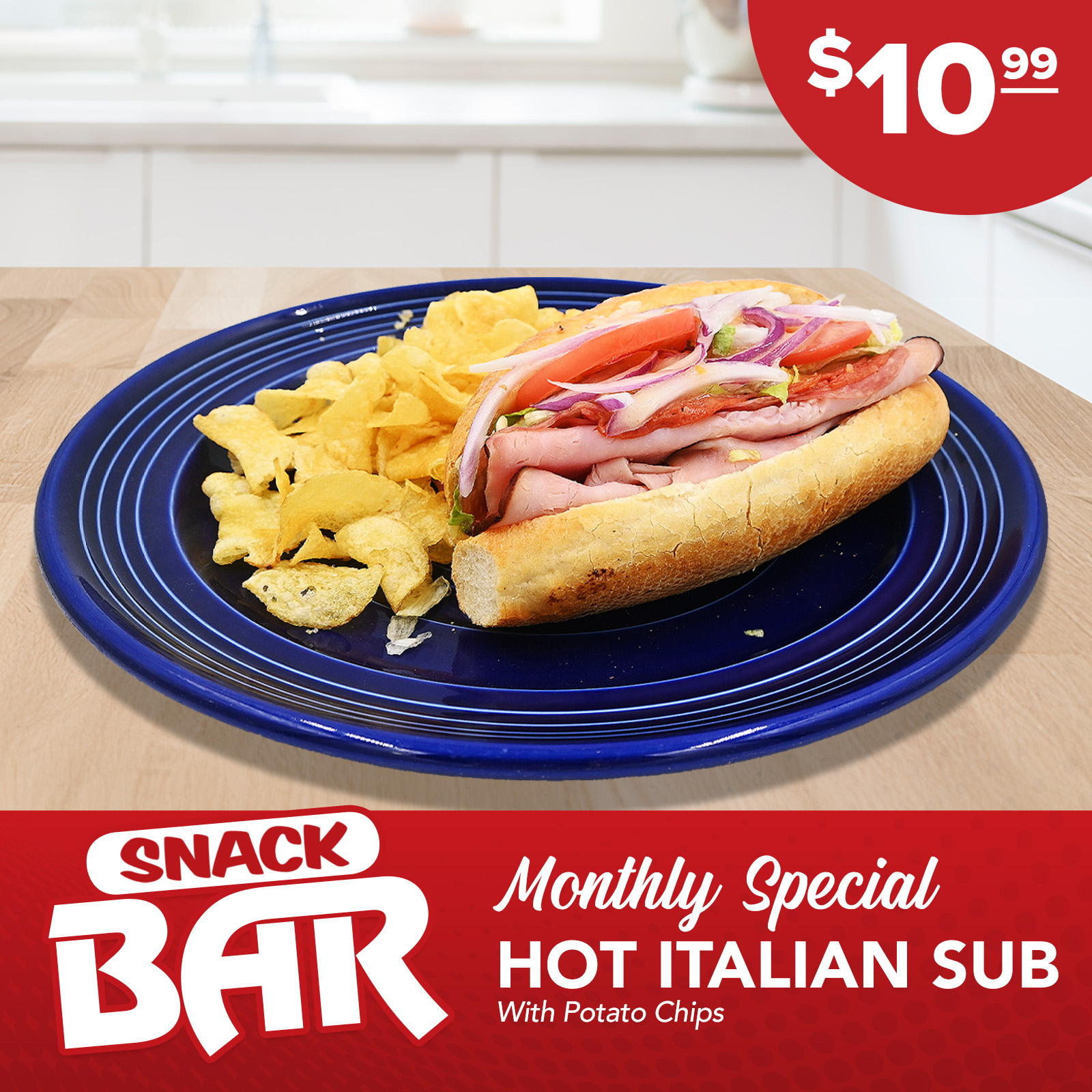 Monthly food Special Hot Italian Sub 10.99